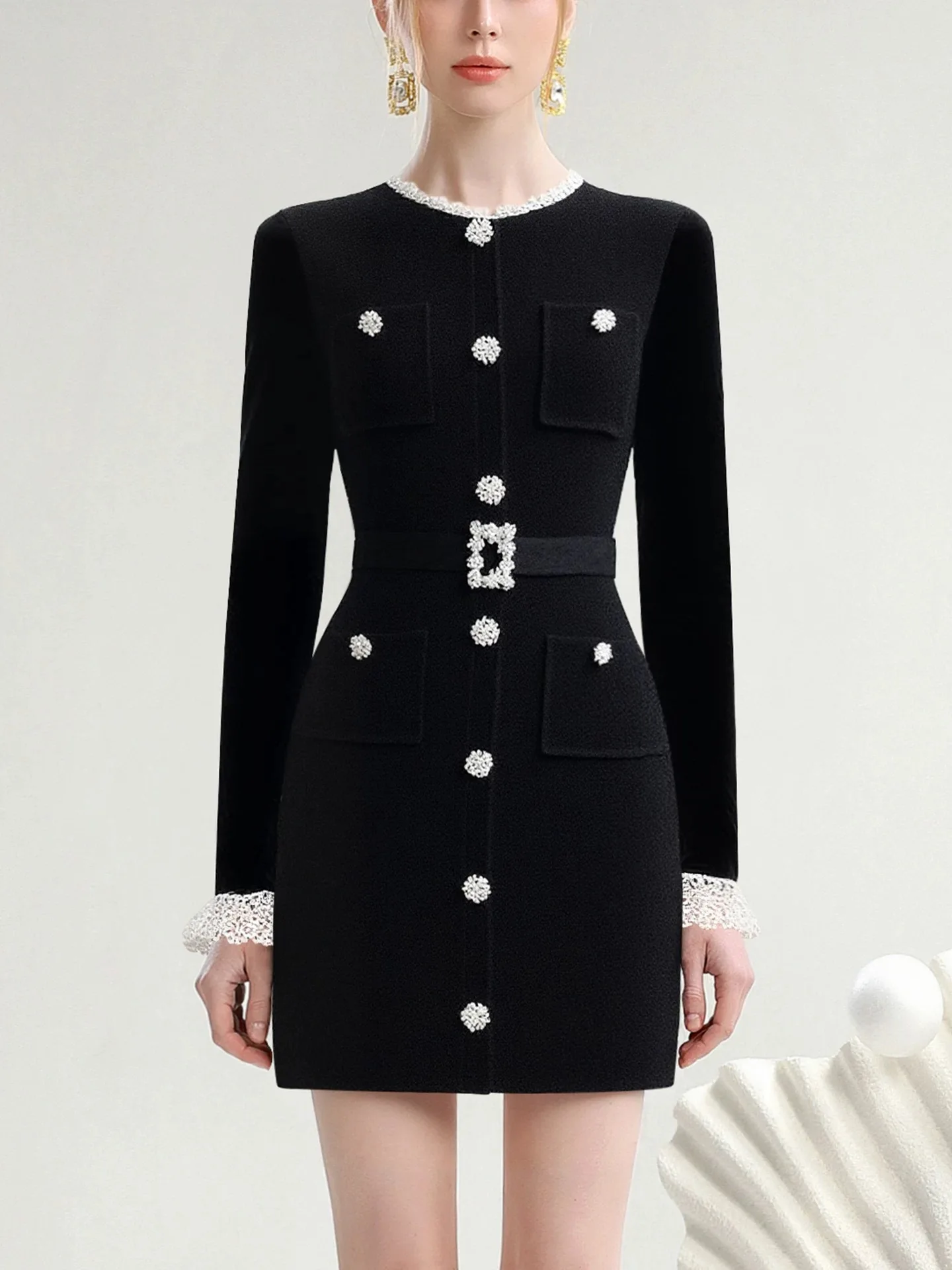 Elegant and exquisite dress, 2025 autumn new style lace patchwork fitted waist short skirt - Image 6