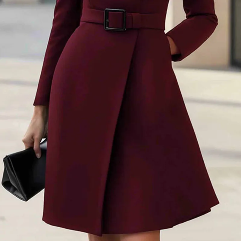 Autumn Winter Turtleneck Solid A-Line Dress Elegant Button High Waist Pocket Office Dress Woman Long Sleeve Casual Party Dresses - Image 3