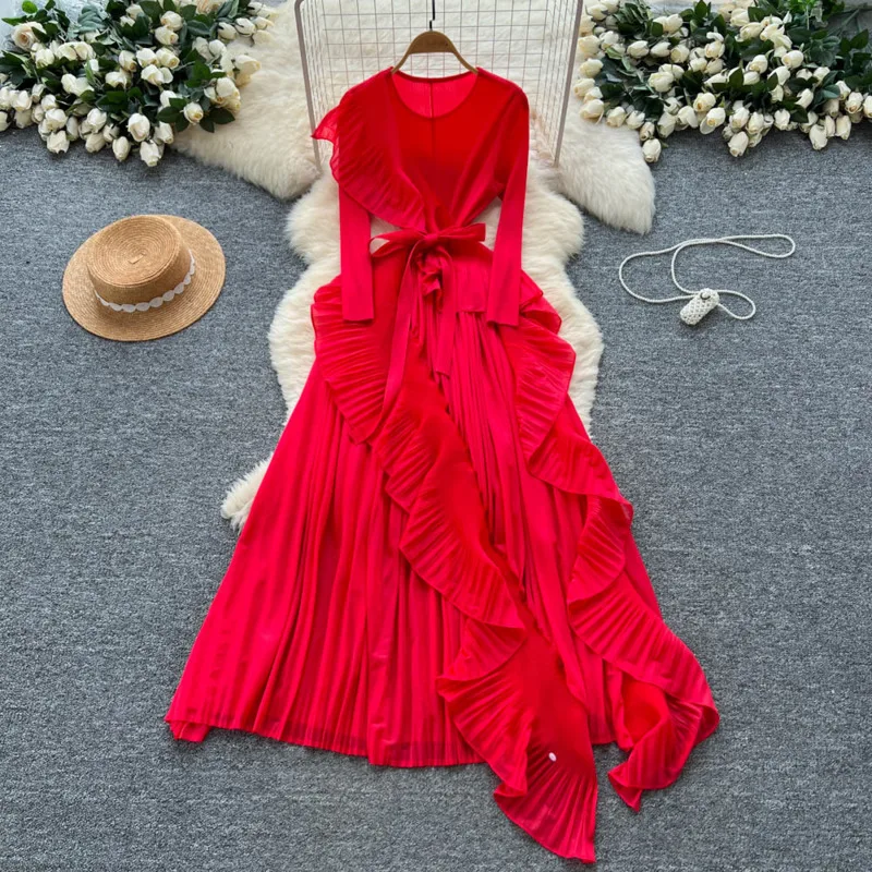 XFPV Elegant Fashion Style Women's Chic Dress Long Sleeves O-neck Flounced Edge Irregular Folds Dresses For Autumn New 22D2432 - Image 4