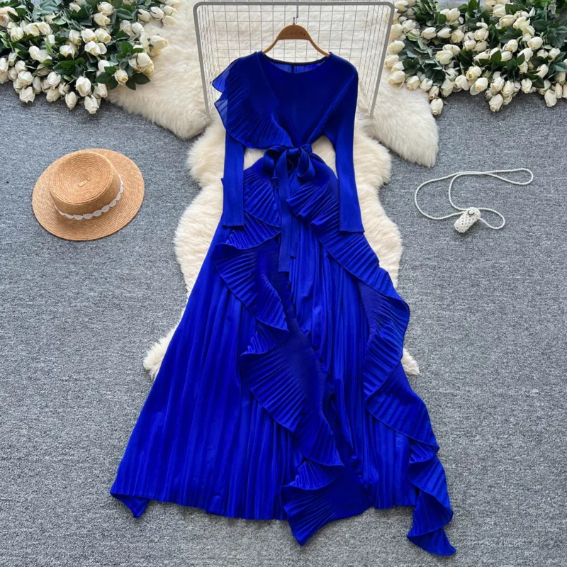 XFPV Elegant Fashion Style Women's Chic Dress Long Sleeves O-neck Flounced Edge Irregular Folds Dresses For Autumn New 22D2432 - Image 2