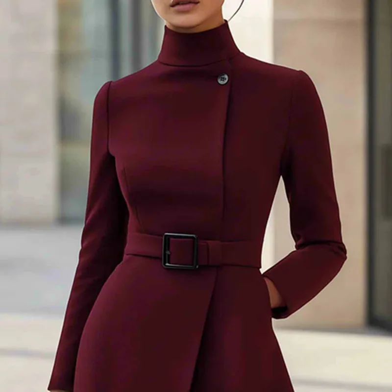 Autumn Winter Turtleneck Solid A-Line Dress Elegant Button High Waist Pocket Office Dress Woman Long Sleeve Casual Party Dresses - Image 2