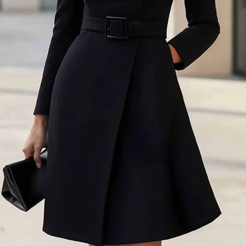 Autumn Winter Turtleneck Solid A-Line Dress Elegant Button High Waist Pocket Office Dress Woman Long Sleeve Casual Party Dresses - Image 6