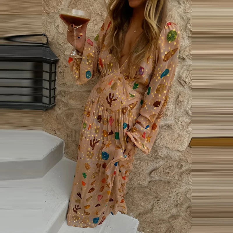 Fashion Hight Waist Pleated Chiffon Party Dress Sexy V-neck Long Sleeve Loose Long Dress Women Elegant Pattern Print Beach Dress - Image 2