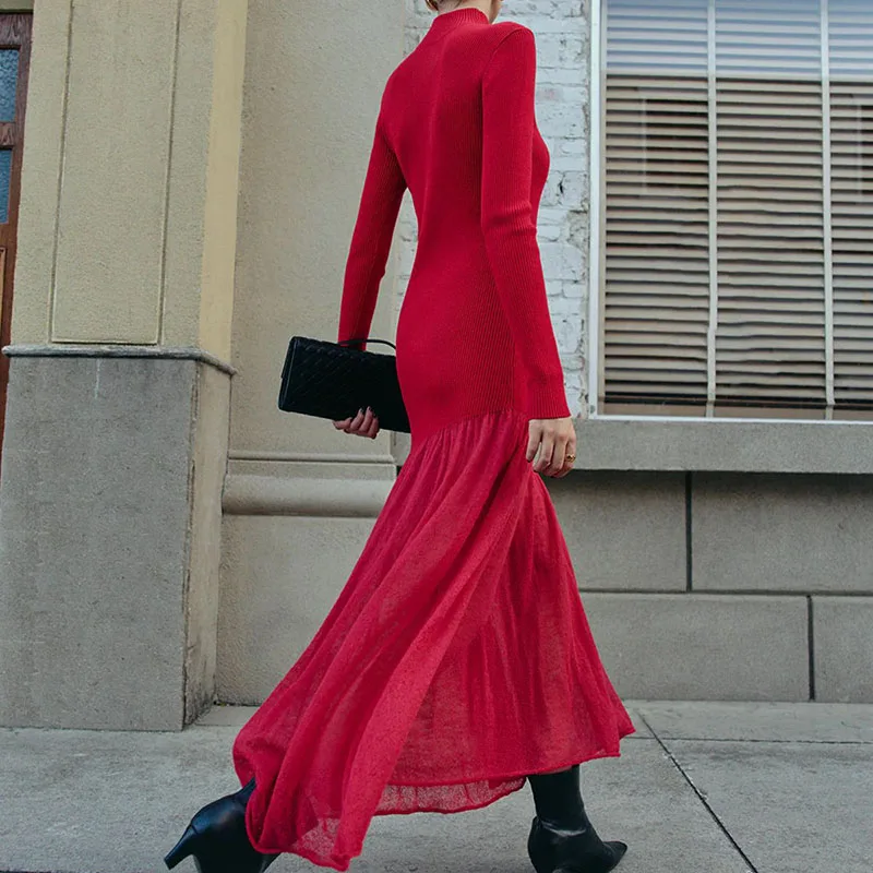 Autumn Women Stand Collar Long Sleeved Dress Elegant High Waist Pleated Slim Fit Long Dress Simple Solid Commuting A-line Dress - Image 3