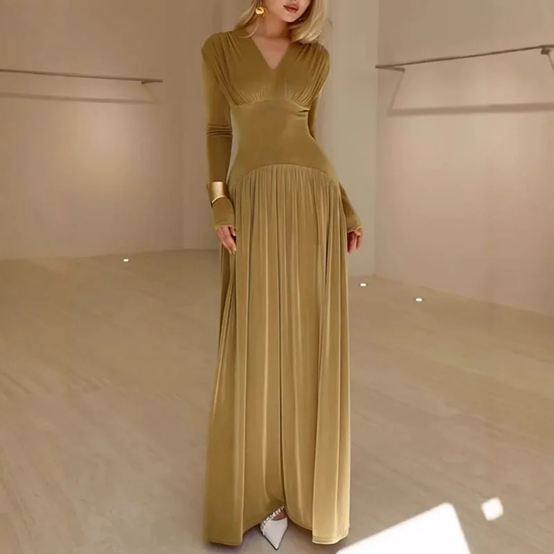 Women's Elegant V-neck Velvet Long Dress Fashion Hight Waist Solid Color Party Dress Casual Long Sleeve Slim Pleated Maxi Dress