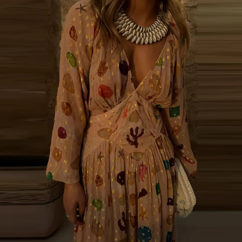 Fashion Hight Waist Pleated Chiffon Party Dress Sexy V-neck Long Sleeve Loose Long Dress Women Elegant Pattern Print Beach Dress - Image 6