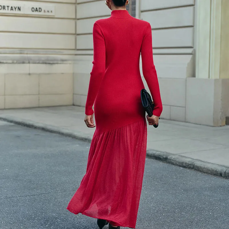 Autumn Women Stand Collar Long Sleeved Dress Elegant High Waist Pleated Slim Fit Long Dress Simple Solid Commuting A-line Dress - Image 2