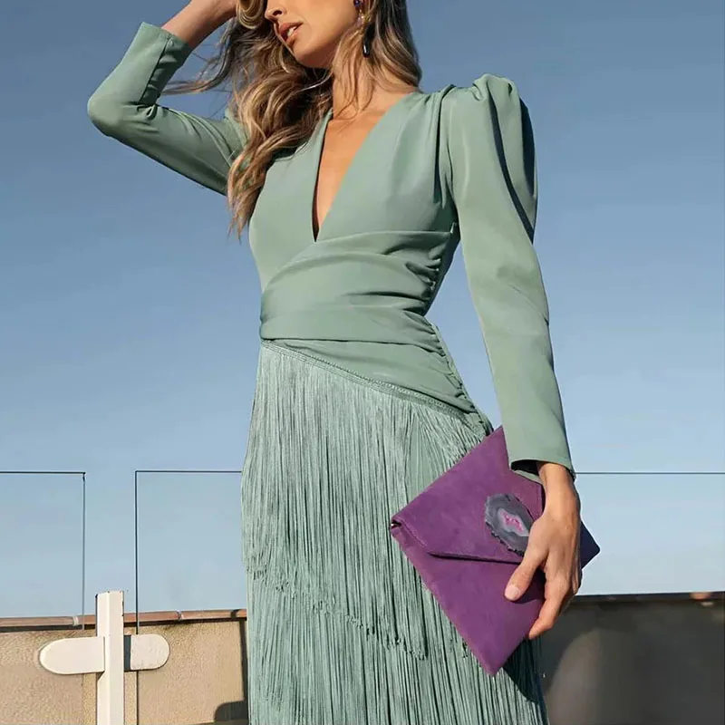 Autumn Long Sleeve Spliced Tassel Party Dresses Woman Elegant Deep V Neck Sheath Long Dress Fashion Solid Pleated Bohemian Dress - Image 4