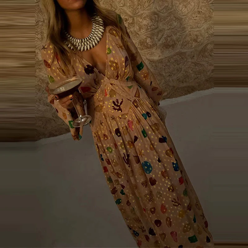 Fashion Hight Waist Pleated Chiffon Party Dress Sexy V-neck Long Sleeve Loose Long Dress Women Elegant Pattern Print Beach Dress - Image 4