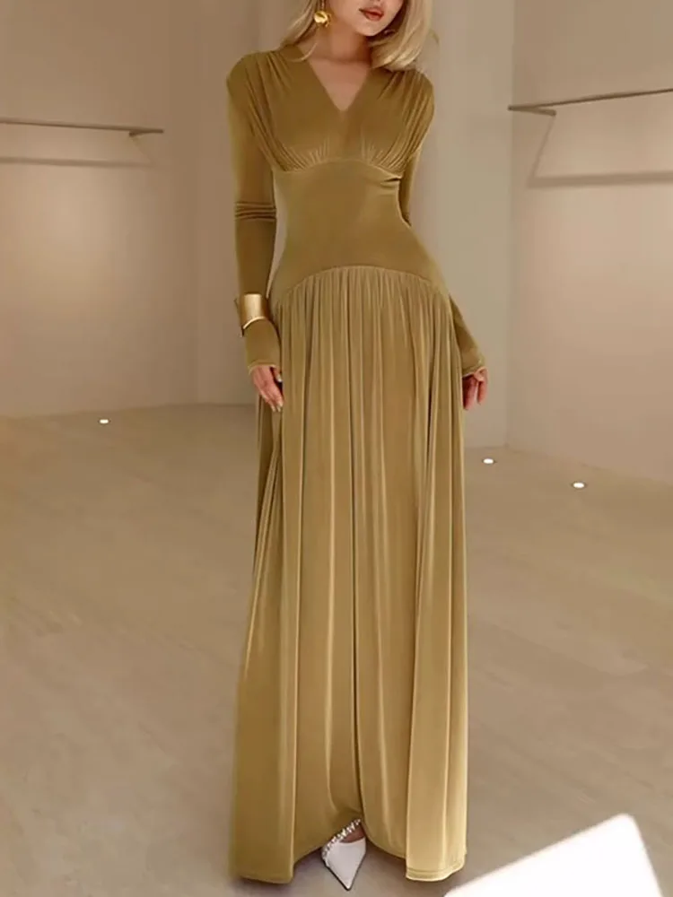 Women's Elegant V-neck Velvet Long Dress Fashion Hight Waist Solid Color Party Dress Casual Long Sleeve Slim Pleated Maxi Dress - Image 6