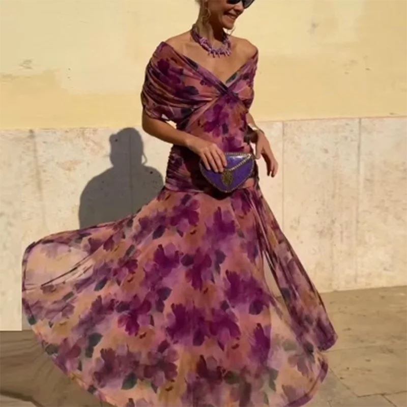 Elegant Woman Clothing Boho Floral Print High Waist Pleated Dress New Low Chest Batwing Sleeve Swing Party Cocktail A-Line Dress - Image 2