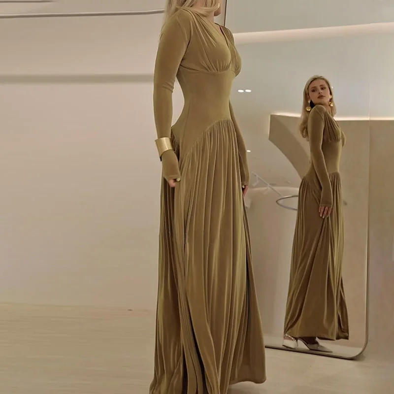 Women's Elegant V-neck Velvet Long Dress Fashion Hight Waist Solid Color Party Dress Casual Long Sleeve Slim Pleated Maxi Dress - Image 2