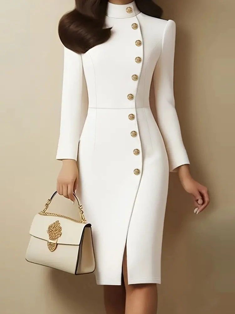 Spring Autumn Women Solid Patchwork Long Sleeve Dress Chic Simple Stand Collar Holiday Party Streetwear Elegant Ladies Fashion