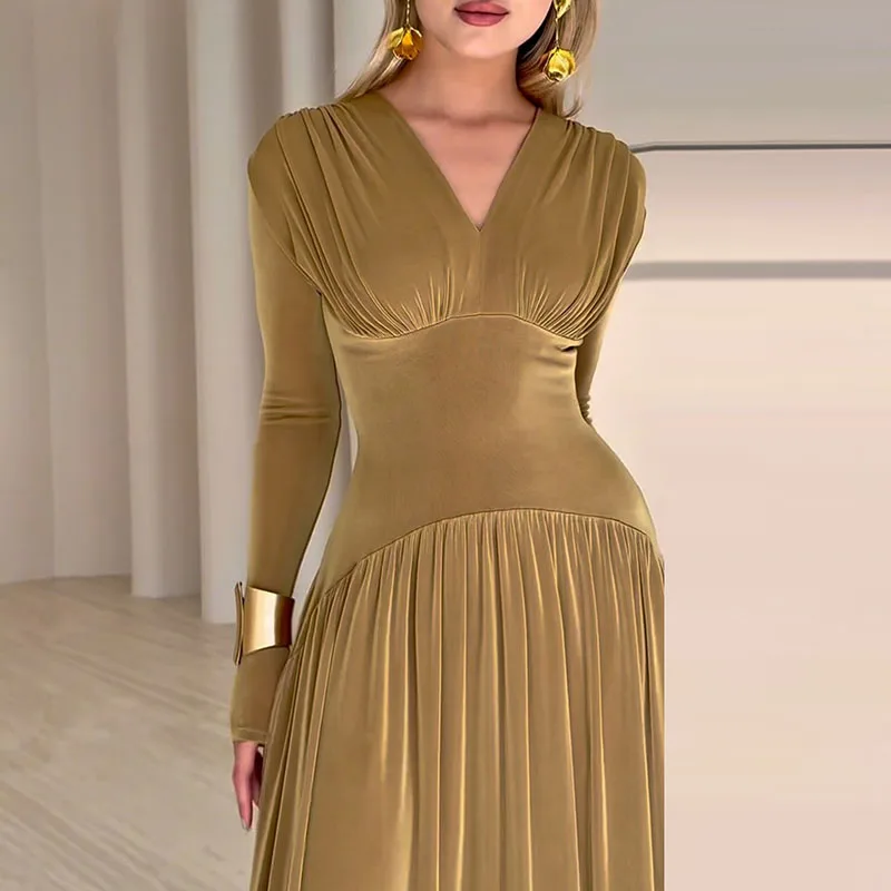 Women's Elegant V-neck Velvet Long Dress Fashion Hight Waist Solid Color Party Dress Casual Long Sleeve Slim Pleated Maxi Dress - Image 3