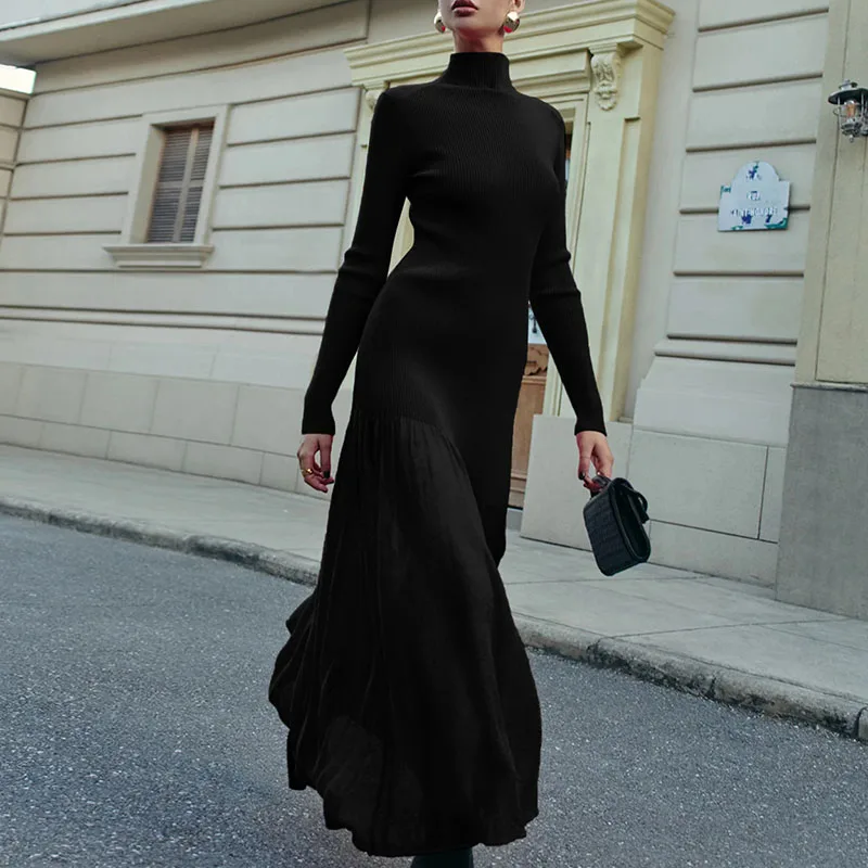 Autumn Women Stand Collar Long Sleeved Dress Elegant High Waist Pleated Slim Fit Long Dress Simple Solid Commuting A-line Dress - Image 5
