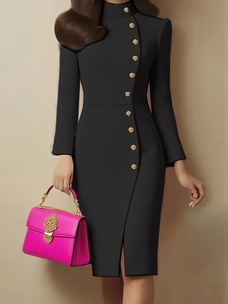 Spring Autumn Women Solid Patchwork Long Sleeve Dress Chic Simple Stand Collar Holiday Party Streetwear Elegant Ladies Fashion - Image 2