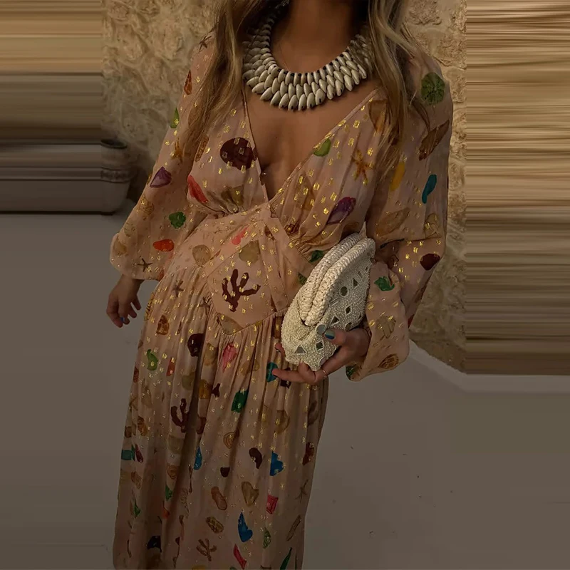 Fashion Hight Waist Pleated Chiffon Party Dress Sexy V-neck Long Sleeve Loose Long Dress Women Elegant Pattern Print Beach Dress - Image 5