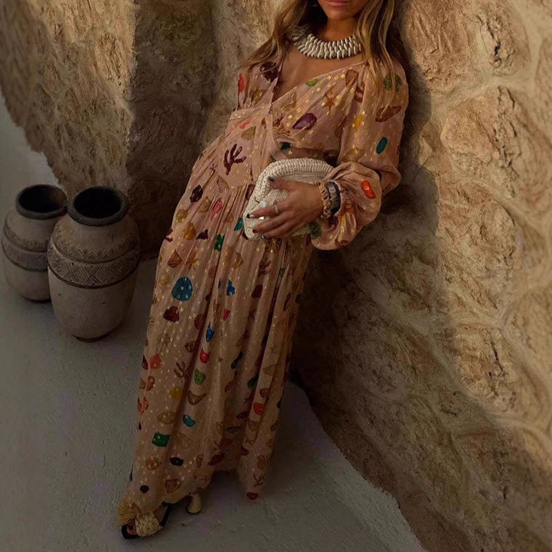 Fashion Hight Waist Pleated Chiffon Party Dress Sexy V-neck Long Sleeve Loose Long Dress Women Elegant Pattern Print Beach Dress - Image 3