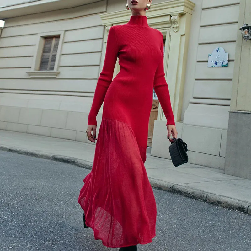 Autumn Women Stand Collar Long Sleeved Dress Elegant High Waist Pleated Slim Fit Long Dress Simple Solid Commuting A-line Dress